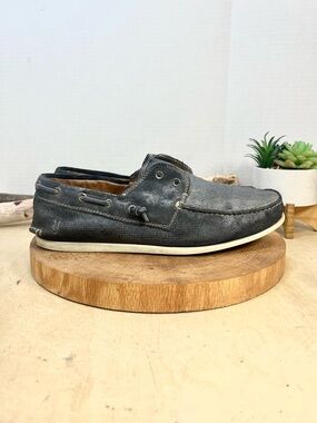 John Varvatos Distressed Leather Nubuck Boat Shoes - Navy Blue - Size 9M